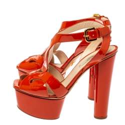 Prada Orange Patent Leather Ankle Strap Platform Sandals Size 36