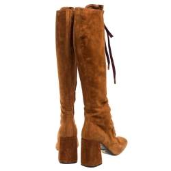 Pre Owned Prada Brown Suede Leather Lace Up Knee Block Heel Boots Size 37