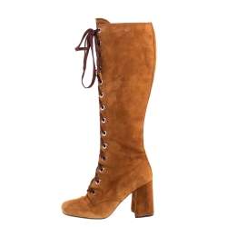 Pre Owned Prada Brown Suede Leather Lace Up Knee Block Heel Boots Size 37