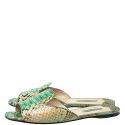 Pre Owned Prada Green/Beige Python Flat Slides Size 40