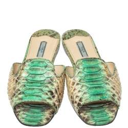 Pre Owned Prada Green/Beige Python Flat Slides Size 40