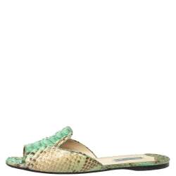 Pre Owned Prada Green/Beige Python Flat Slides Size 40
