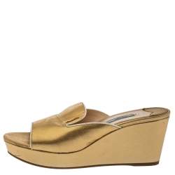 Prada Metallic Gold Saffiano Leather Wedge Platform Slide Sandals Size 41.5