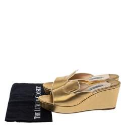 Prada Metallic Gold Saffiano Leather Wedge Platform Slide Sandals Size 41.5