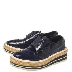 Prada Blue Brogue Leather Derby Lace Up Espadrille Sneakers Size 35.5