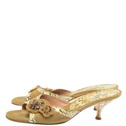 Pre Owned Prada Two Tone Jute And Python Embellished Slide Sandals Size 37