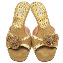 Pre Owned Prada Two Tone Jute And Python Embellished Slide Sandals Size 37