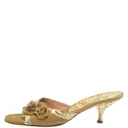 Pre Owned Prada Two Tone Jute And Python Embellished Slide Sandals Size 37