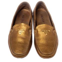 Pre Owned Prada Gold Leather Loafers Size 38.5