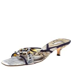 Pre Owned Prada Tri Color Suede and Snakeskin Embellished Slide Sandals Size 37.5