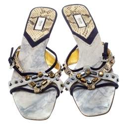 Pre Owned Prada Tri Color Suede and Snakeskin Embellished Slide Sandals Size 37.5