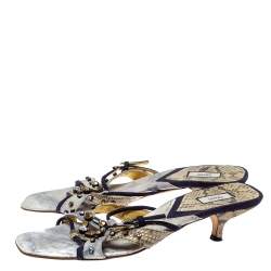 Pre Owned Prada Tri Color Suede and Snakeskin Embellished Slide Sandals Size 37.5