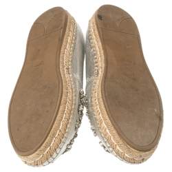 Pre Owned Prada Silver Leather Crystal Embellishment Slip On Espadrilles Size 39.5