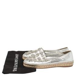 Pre Owned Prada Silver Leather Crystal Embellishment Slip On Espadrilles Size 39.5