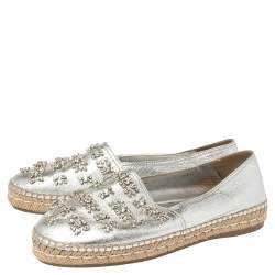 Pre Owned Prada Silver Leather Crystal Embellishment Slip On Espadrilles Size 39.5