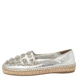 Pre Owned Prada Silver Leather Crystal Embellishment Slip On Espadrilles Size 39.5