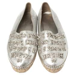 Pre Owned Prada Silver Leather Crystal Embellishment Slip On Espadrilles Size 39.5