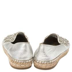 Pre Owned Prada Silver Leather Crystal Embellishment Slip On Espadrilles Size 39.5