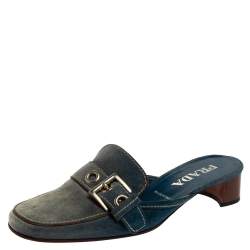 Pre Owned Prada Blue Denim Buckle Mule Sandals Size 38.5