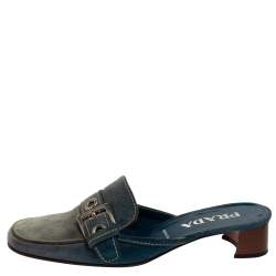 Pre Owned Prada Blue Denim Buckle Mule Sandals Size 38.5