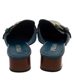 Pre Owned Prada Blue Denim Buckle Mule Sandals Size 38.5