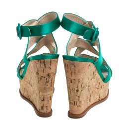 Pre Owned Prada Emerald Green Satin Criss Cross Cork Wedge Sandals Size 39