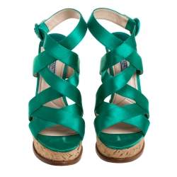 Pre Owned Prada Emerald Green Satin Criss Cross Cork Wedge Sandals Size 39