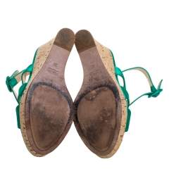 Pre Owned Prada Emerald Green Satin Criss Cross Cork Wedge Sandals Size 39