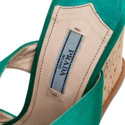 Pre Owned Prada Emerald Green Satin Criss Cross Cork Wedge Sandals Size 39