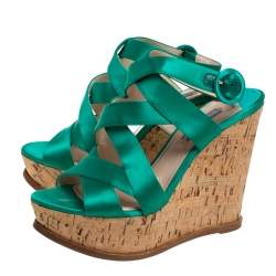 Pre Owned Prada Emerald Green Satin Criss Cross Cork Wedge Sandals Size 39