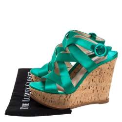 Pre Owned Prada Emerald Green Satin Criss Cross Cork Wedge Sandals Size 39