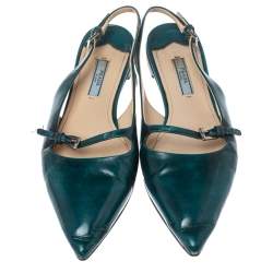 Prada Green Patent Leather Cut Out Buckle Slingback Flat Sandals Size 37.5