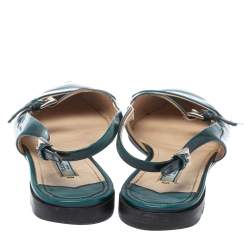 Prada Green Patent Leather Cut Out Buckle Slingback Flat Sandals Size 37.5