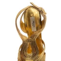 Pre Owned Prada Metallic Gold Leather Peep Toe Ankle Strap Platform Sandals Size 39