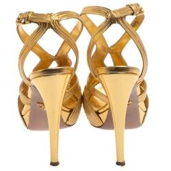 Pre Owned Prada Metallic Gold Leather Peep Toe Ankle Strap Platform Sandals Size 39