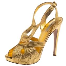 Pre Owned Prada Metallic Gold Leather Peep Toe Ankle Strap Platform Sandals Size 39