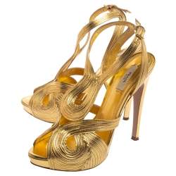 Pre Owned Prada Metallic Gold Leather Peep Toe Ankle Strap Platform Sandals Size 39
