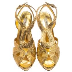 Pre Owned Prada Metallic Gold Leather Peep Toe Ankle Strap Platform Sandals Size 39