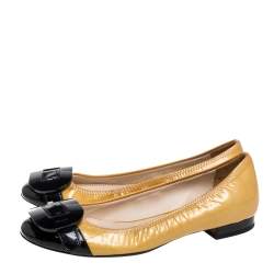 Pre Owned Prada Yellow/Black Patent Leather Bow Embellishment Ballet Flats Size 36.5