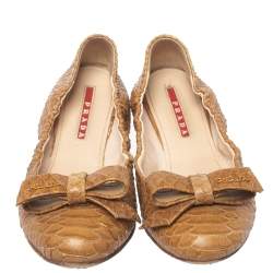 Pre Owned Prada Beige Python Leather Scrunch Bow Ballet Flats Size 36.5