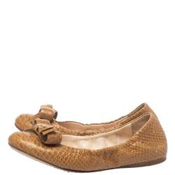 Pre Owned Prada Beige Python Leather Scrunch Bow Ballet Flats Size 36.5