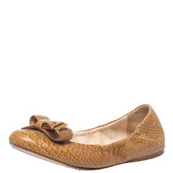 Pre Owned Prada Beige Python Leather Scrunch Bow Ballet Flats Size 36.5