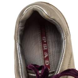 Pre Owned Prada Metallic Gold Leather Lace Low Top Sneakers Size 38