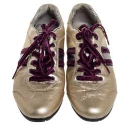 Pre Owned Prada Metallic Gold Leather Lace Low Top Sneakers Size 38