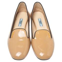 Pre Owned Prada Beige Patent Leather Smoking Flat Slippers Size 38.5 