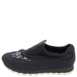 مملوكة مسبقًا Prada Grey Nylon Crystal Embellished Slip On Sneakers Size 38.5
