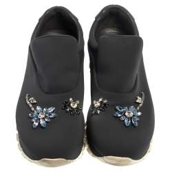 مملوكة مسبقًا Prada Grey Nylon Crystal Embellished Slip On Sneakers Size 38.5