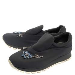 مملوكة مسبقًا Prada Grey Nylon Crystal Embellished Slip On Sneakers Size 38.5