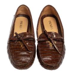 Pre Owned Prada Brown Croc Embossed Leather Loafers Size 38.5