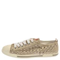 Prada Metallic Silver Glitter Stud Low Top Sneakers Size 35